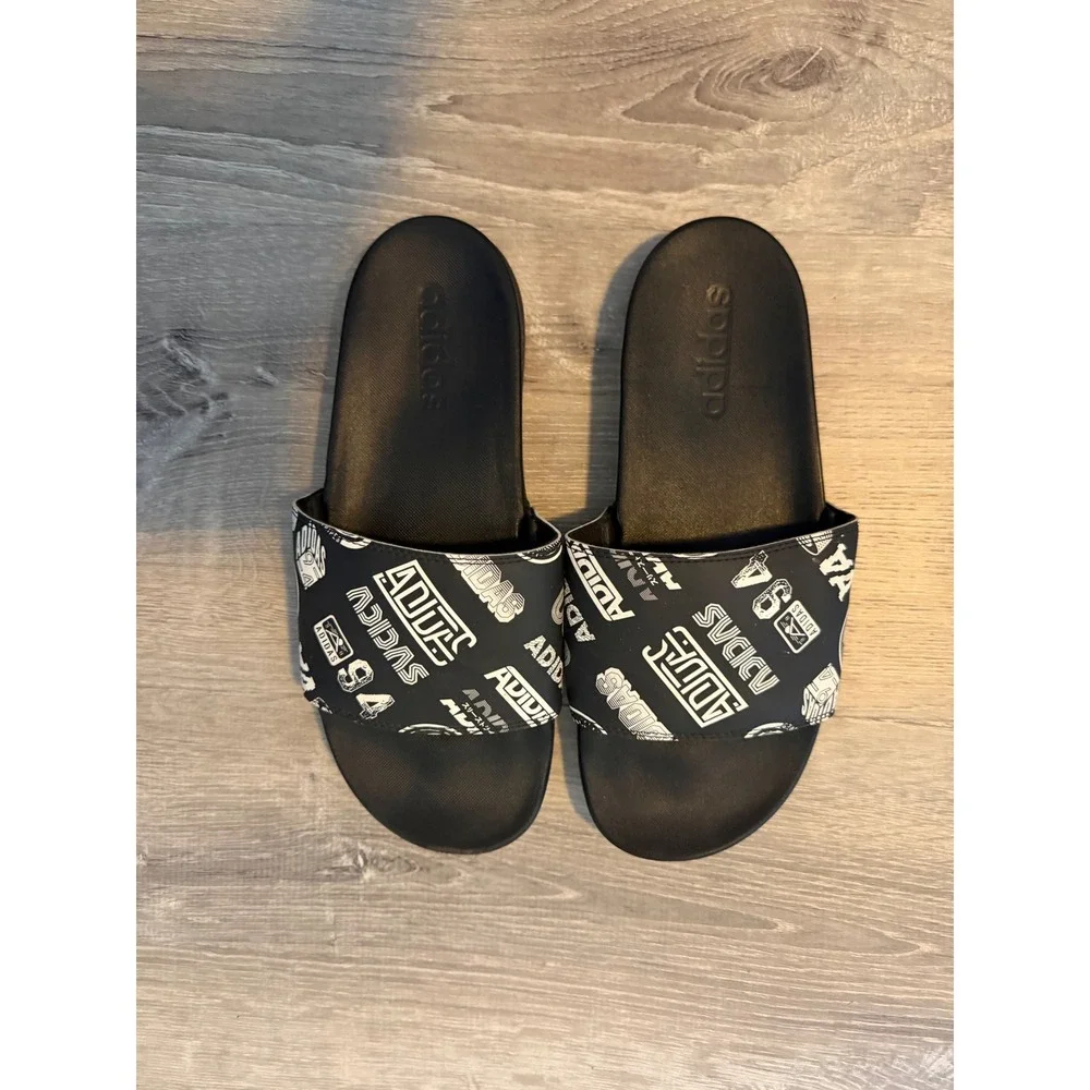 Adidas Adilette Comfort Slides Black White Graphic Print Men 8